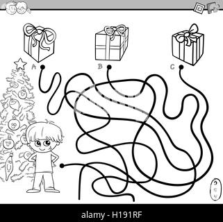 Black and White Cartoon Illustration of Educational Paths or Maze Puzzle Activity with Kid Boy and Christmas Presents Coloring B Stock Vector