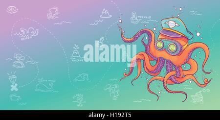 Vector Illustration of Octopus Wearing Captain Hat and Steampunk Goggles with Treasure Map Background, For Banner and Printing Stock Vector