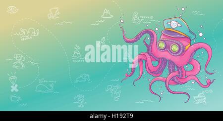 Vector Illustration of Octopus Wearing Captain Hat and Steampunk ...