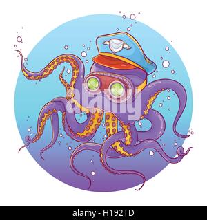 Vector Illustration of Purple Octopus Wearing Captain Hat and Steampunk Goggles Stock Vector