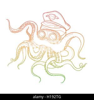Vector Illustration of Outline Octopus Wearing Captain Hat and Steampunk Goggles On White Background Stock Vector