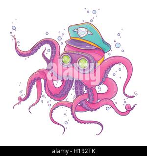 Vector Illustration of Pink Octopus Wearing Captain Hat and Steampunk Goggles Stock Vector