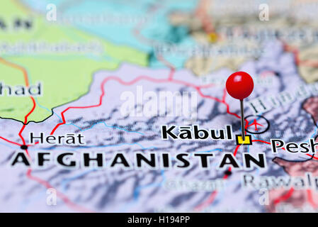 Kabul pinned on a map of Afghanistan Stock Photo