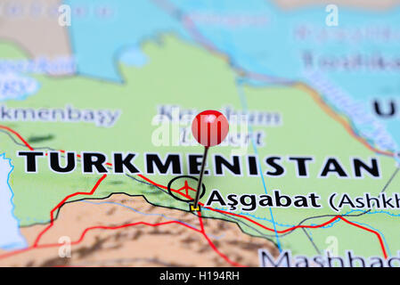 Ashgabat pinned on a map of Turkmenistan Stock Photo