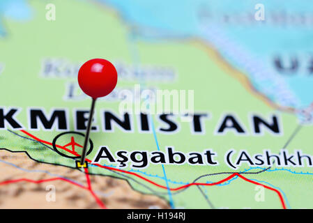 Ashgabat pinned on a map of Turkmenistan Stock Photo