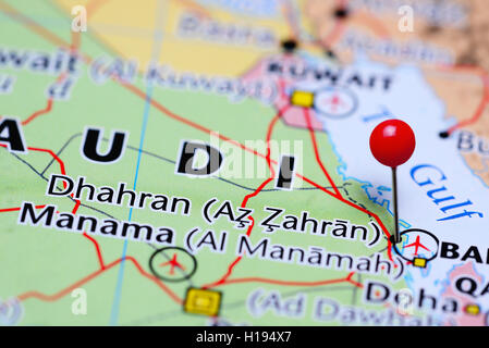 Dhahran pinned on a map of Saudi Arabia Stock Photo