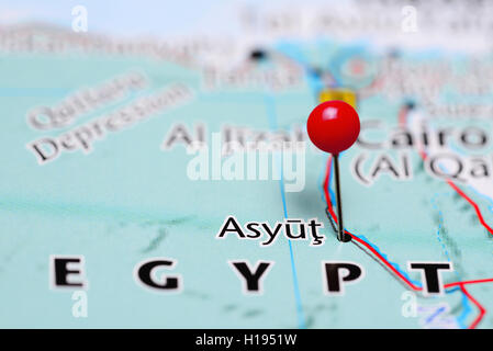 Asyut pinned on a map of Egypt Stock Photo