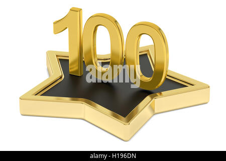 golden number 100 on star podium, award concept. 3D rendering  isolated on white background Stock Photo