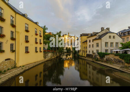 Beautiful Alzette river side scene on road Rue Munster of Luxembourg at sun rise Stock Photo