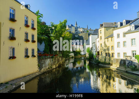 Beautiful Alzette river side scene on road Rue Munster of Luxembourg at afternoon Stock Photo