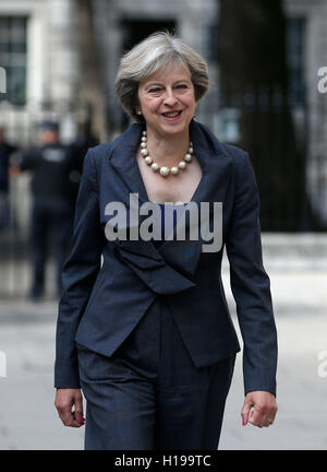 Prime Minister Theresa May arrives to meet the Chief of the Defence Staff Air Chief Marshal Stuart Peach outside the Ministry of Defence in London. Stock Photo
