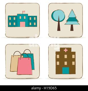 Urban buildings and places icons set. Stock Vector