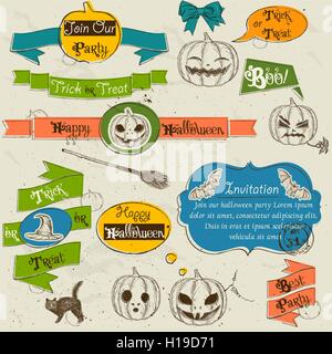 Set of vintage deign elements about Halloween. Stock Vector