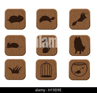 wooden icons set with pets silhouettes Stock Vector