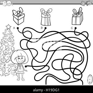 Black and White Cartoon Illustration of Educational Paths or Maze Puzzle Activity with Little Girl and Christmas Presents Colori Stock Vector