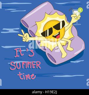 Happy sun on floating air mattress with cocktail glass in hand Stock Vector