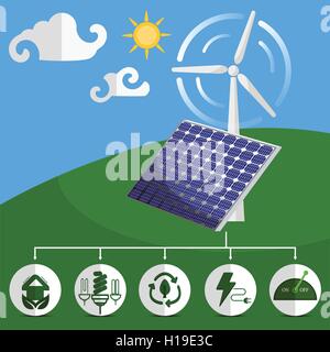 Solar energy panels and wind turbine with energy icon Stock Vector