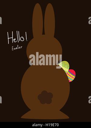 Chocolate bunny holding easter eggs on dark background Stock Vector