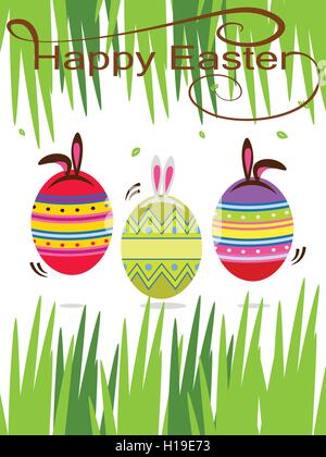 Easter eggs with Easter bunny ears hidden in the grass Stock Vector