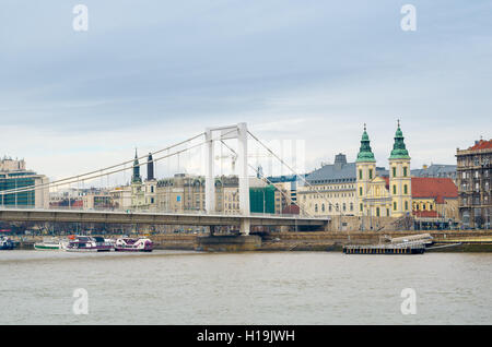 Elisabeth Bridge or Erzsebet hid, the Inner-City Parish Church and River Danube in Budapest, Hungary. Stock Photo