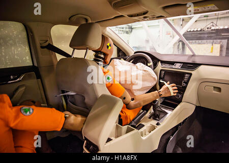 Skoda Auto, sled test, crash test dummy Oscar, seat belts usage, safety, wearing seat belts Stock Photo