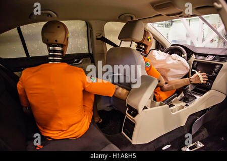 Skoda Auto, sled test, crash test dummy Oscar, seat belts usage, safety, wearing seat belts Stock Photo