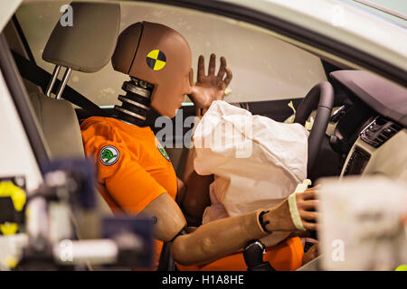 Skoda Auto, sled test, crash test dummy Oscar, seat belts usage, safety, wearing seat belts Stock Photo