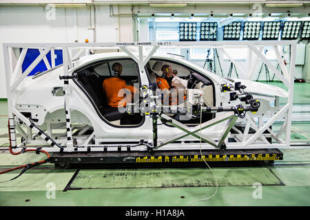 Skoda Auto, sled test, crash test dummy Oscar, seat belts usage, safety, wearing seat belts Stock Photo