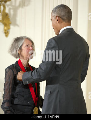 Washington, District of Columbia, USA. 22nd Sep, 2016. United States President Barack Obama presents the 2015 National Humanities Medal to Louise GlÃ¼ck, Poet of Cambridge, Massachusetts during a ceremony in the East Room of the White House in Washington, DC on Thursday, September 22, 2016.Credit: Ron Sachs/CNP Credit:  Ron Sachs/CNP/ZUMA Wire/Alamy Live News Stock Photo