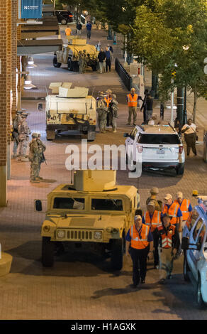 Charlotte, North Carolina, USA. 22nd Sep, 2016. September 22, 2016 - Charlotte, NC, USA - The National Guard was present outside Time Warner Cable Arena during a third day of protests in Charlotte, North Carolina on Thursday, Sept. 22, 2016. This is the third day of protests that erupted after a police officer's fatal shooting of an African-American man Tuesday afternoon and the first full day of a declared State of Emergency by the governor. Credit:  Sean Meyers/ZUMA Wire/Alamy Live News Stock Photo