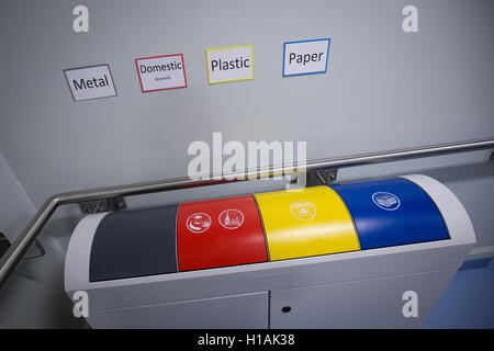 Sylt, Germany. 21st Sep, 2016. Recycling bins are seen on the accomodation platform near the offshore wind park DanTysk of Swedish power company Vattenfall and the SWM Munich municipal utilities, about 43 sea miles west of the Island of Sylt, Germany, 21 September 2016. About fifty technicians and engineers live on the accomodation platform since two weeks. They they carry out maintainance works on the DanTysk and the Sandbank wind parks which are close by. Photo: Christian Charisius/dpa/Alamy Live News Stock Photo