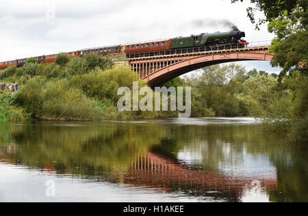 Arley, Shropshire, UK. 23rd September, 2016. The Flying Scotsman crossing the River Severn on the Victoria Bridge at Arley in Shropshire. The world famous locomotive is carrying passengers on the Severn Valley Railway today and over the weekend. Credit:  David Bagnall/Alamy Live News