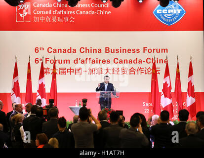 Montreal, Canada. 23rd Sep, 2016. Chinese Premier Li Keqiang addresses the 6th Canada China Business Forum in Montreal, Canada, Sept. 23, 2016. © Pang Xinglei/Xinhua/Alamy Live News Stock Photo