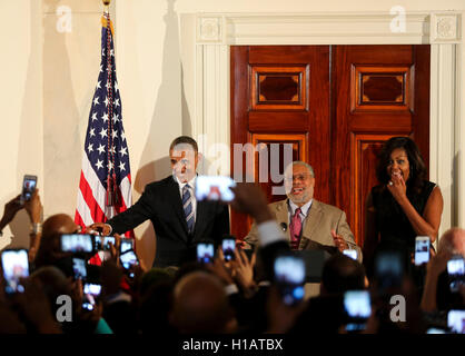 Washington, Us. 22nd Sep, 2016. US President Barack Obama listens to Lonnie Bunch, the director of the Smithsonian National Museum of African American History and Culture, delivering remarks at the reception in honor of the opening of the museum in the Grand Foyer of the White House September 22, 2016, Washington, DC. Credit: Aude Guerrucci/Pool via CNP - NO WIRE SERVICE - Credit:  dpa/Alamy Live News Stock Photo