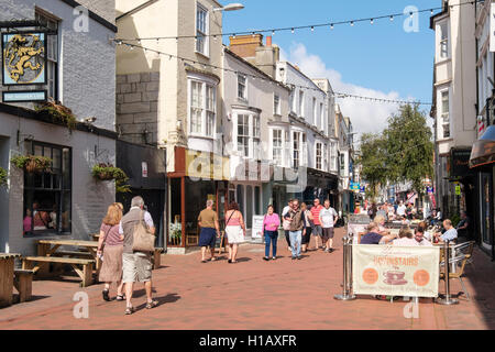 Busy street scene on pedestrian shopping precinct in town centre. St Mary Road, Melcombe Regis, Weymouth, Dorset, England, UK Stock Photo