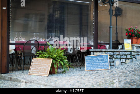 Varenna, Italy - September 4th, 2015: menu boards photographed outside a restaurant in Varenna, a tourist destination near Lake  Stock Photo