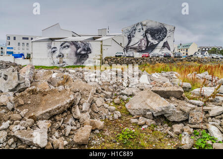 Painted murals by empty lot,  Reykjavik, Iceland Stock Photo