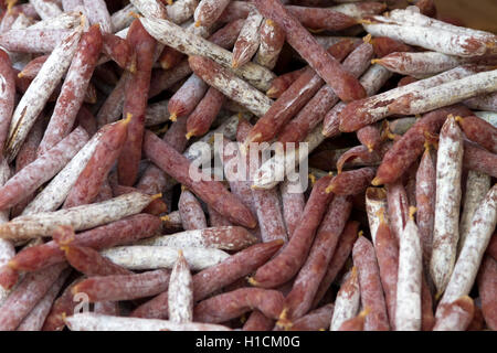 Traditional French hand-made sausage at the market in Paris France Stock Photo