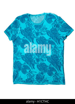 Blue T-shirt with a pattern in the shape of palm trees. Isolate on white. Stock Photo