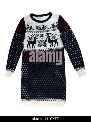 Knitted sweater dress with a pattern of deer. Isolate on white. Stock Photo