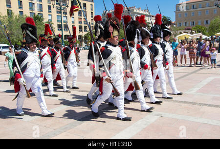 Ajaccio city, Corsica island, France-August 13, 2016: The reenactors dressed as Napoleonic soldiers . Stock Photo