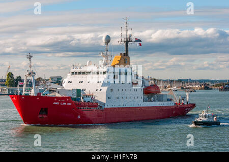 The British Antarctic Survey ocean research vessel RRS James Clark Ross departing Portsmouth, UK on the 22nd September 2016. Stock Photo
