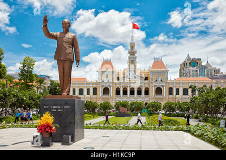 Ho Chi Minh Statue in front of People’s Committee Building (City Hall). Nguyen Hue Street, District 1, Ho Chi Minh City, Vietnam. Stock Photo