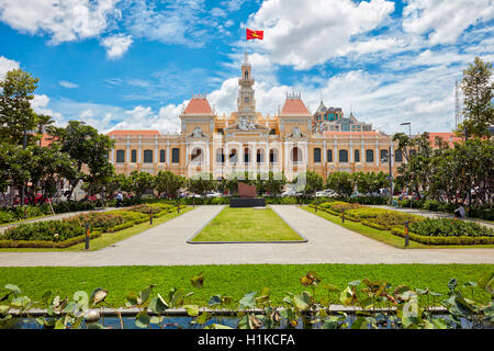 Front facade of People’s Committee Building as seen from Nguyen Hue Street. District 1, Ho Chi Minh City, Vietnam. Stock Photo