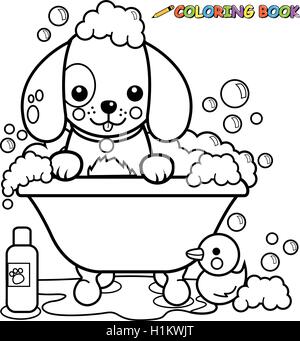 Cute cartoon dog in a bath tub taking a bubble bath. Puppy pet at the grooming salon. Vector black and white coloring page. Stock Vector