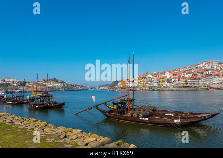 Rabelo boats, port wine boats on River Douro, Porto, Portugal Stock Photo