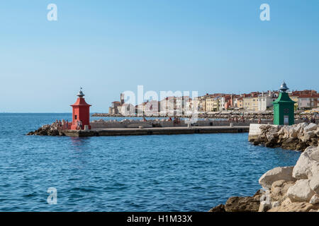 Port entrance of Piran with lighthouse in Slovenia Stock Photo