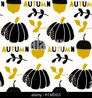 Seamless repeating pattern with pumpkins, acorns and branches on cream background. Traditional style tiling background, poster,  Stock Vector
