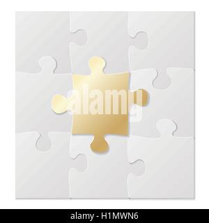 blank puzzle blank cardboard tiles connected, center tile in gold color Stock Vector