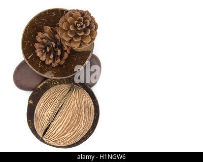 Top view of a dried othalanga and some dried pine cones on a dried coconut shell white background Stock Photo